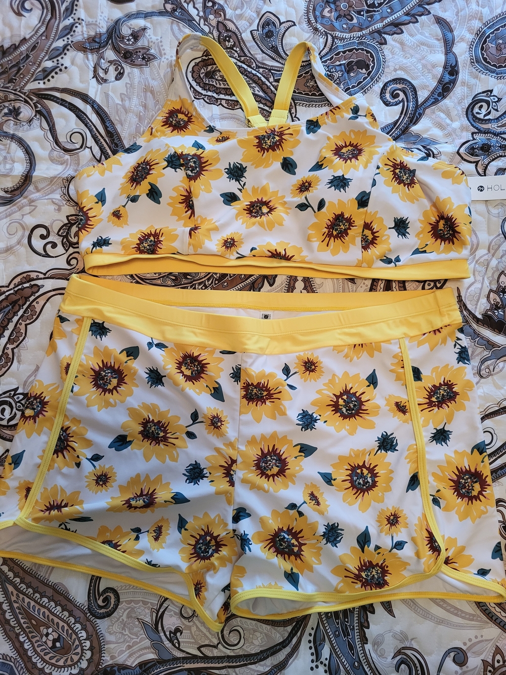 Sunflower Print Yellow Sports Bra & Short Set - Women Swimware